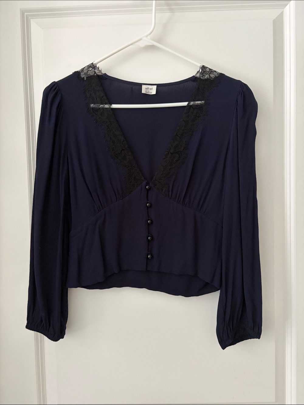 Wilfred Dark Navy Blouse with Black Lace V-Neck
